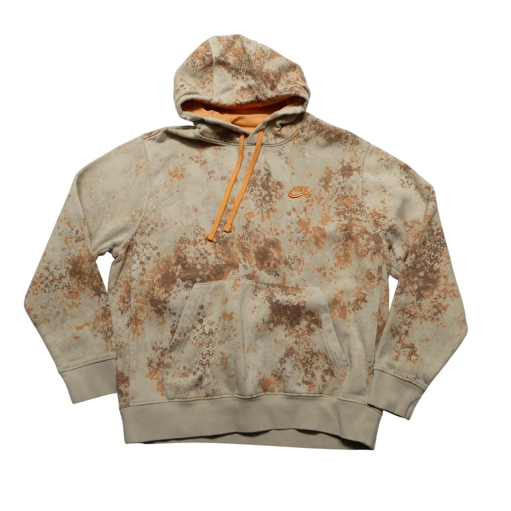 Nike Hoodie‎ Sweatshirt Mens Large Beige Camo Fleece Pullover Orange Swoosh